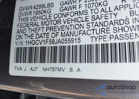 2018 Honda Accord Ex-L из США, поврежденный, VIN 1HGCV1F58JA055915